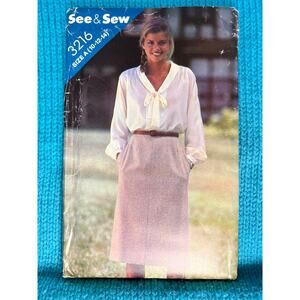 Butterick 3216 pattern blouse kitten bow midi pencil skirt 1980s size 10 12 14